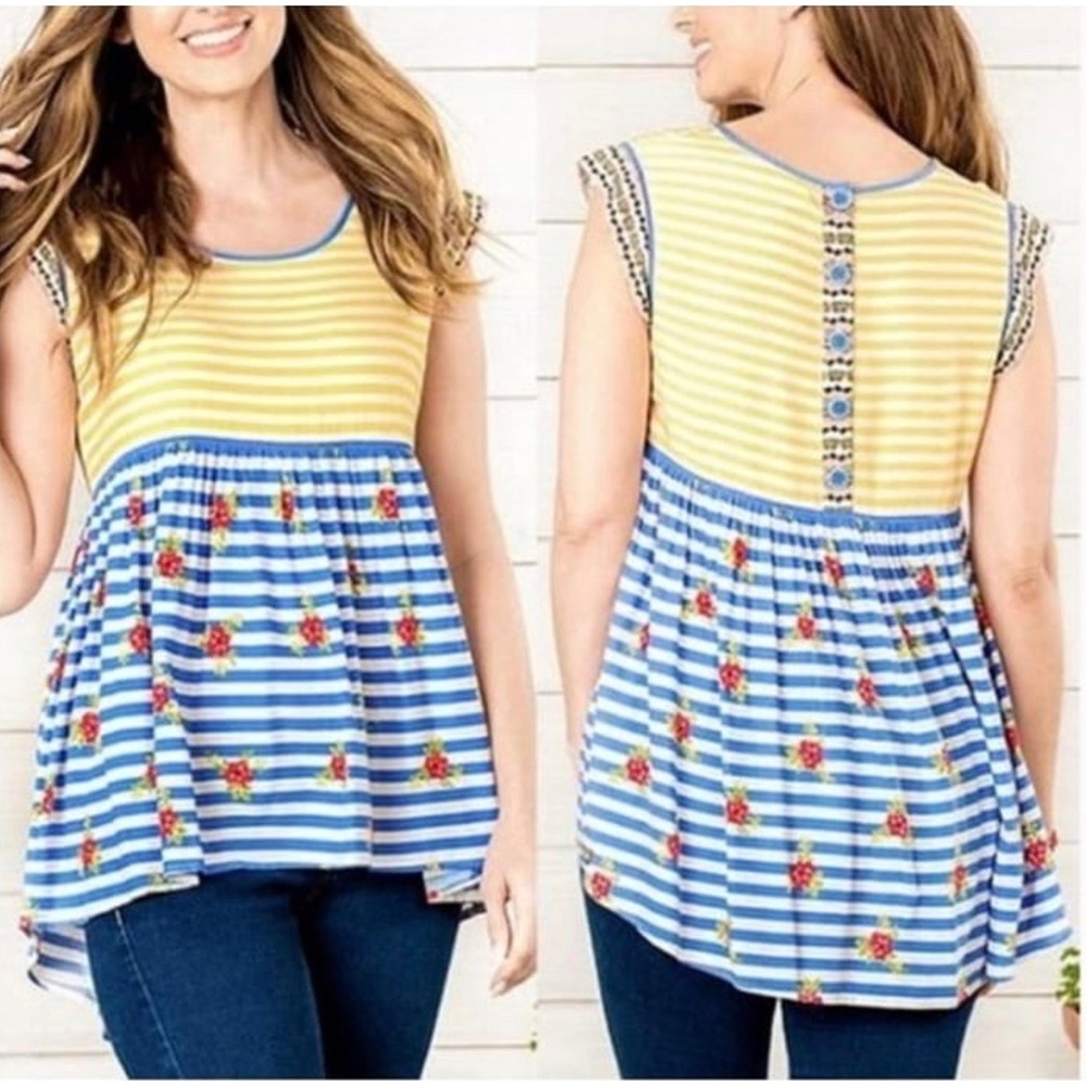 Matilda Jane Mixed Print Babydoll Top Women XL Yellow Blue Floral Excellent Boho